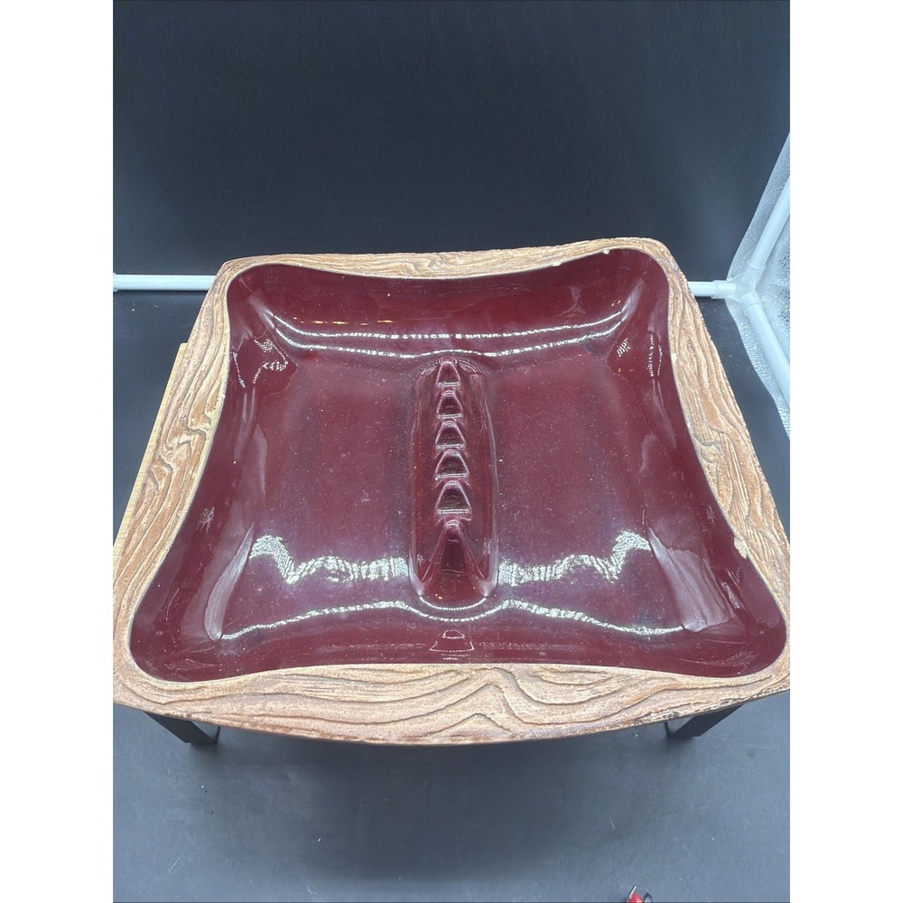 Vintage Berkeley Pottery Ashtray 1014 USA Burgundy Green Wood Grain Bottom